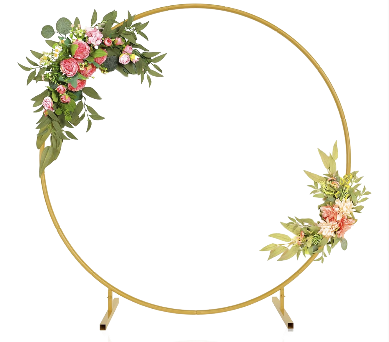 Gold circle arch backdrop stand, styled with florals